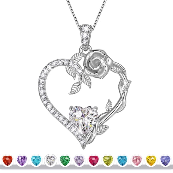 Beautlace 18K White Gold Plated Heart Rose Necklace for Women,April White Crystal Birthstone Pendant Birthday Valentine’s Day Christmas Jewelry Gift for Wife Mom Girlfriend