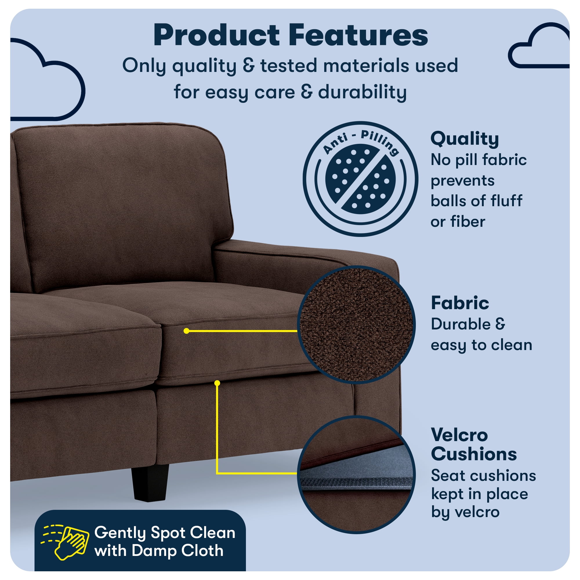 Serta Palisades 61" Track Arm Sofa, Easy Care Polyester, Loveseat or Couch for Small Spaces, Dark Brown