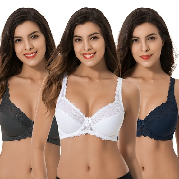 Curve Muse Plus Size Minimizer Underwire Unlined Bra with Embroidery Lace-3Pack-NAVY,WHITE,SLATE-34C