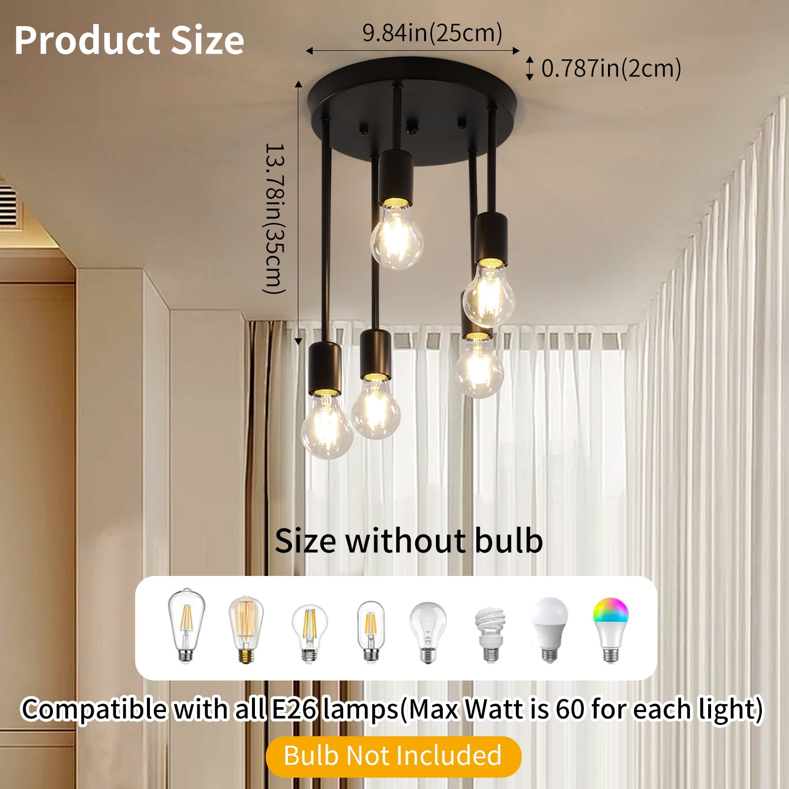 HALIGATE 5-Light Farmhouse  Ceiling Light Semi Flush Mount for House, Black Hallway Light Fixtures Kitchen Ceiling Light Fixtures for Living Room Foyer, E26 Base