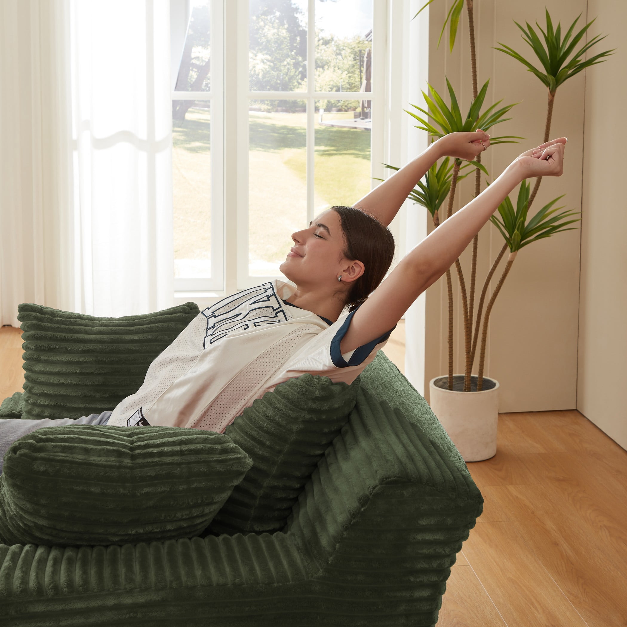 Aukfa 79" Oversized Chaise Lounge Indoor, Corduroy Sleeper Sofa Bed, Upholstered Couch, No Assembly Required for Living Room, Bedroom, Green