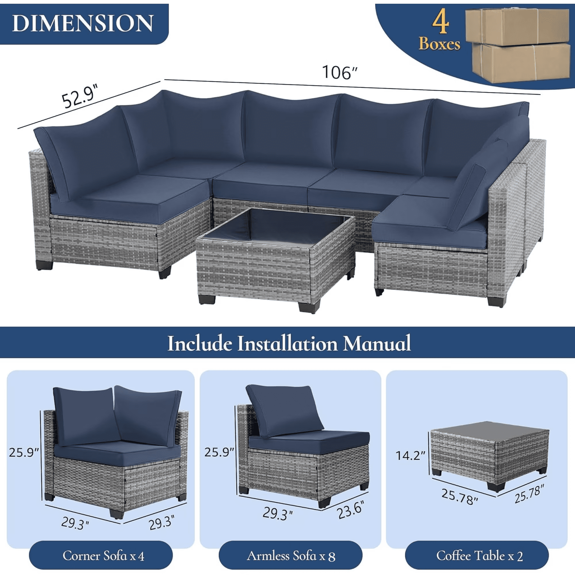 FHFO 14-Piece Patio Furniture Set,Wicker Outdoor Conversation Sectional Sofa with 2 Coffee Tables, for Backyard, Poolside & Garden, Gray&Blue