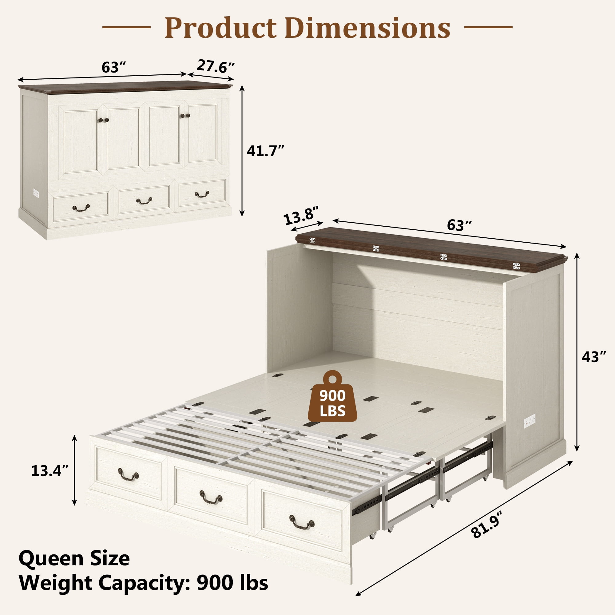 Queen Size Murphy Cabinet Bed with Large Drawer and Power Charging Station,Farmhouse Chest Bed for Living Room/Guest Room, No Wall Mounting Required