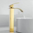 thumbnail image 1 of Grifo de baño con caño alto para lavabo en cascada, mezclador moderno de agua fría y caliente, cuadrado, cromado, de un solo orificio (dorado), 1 of 5