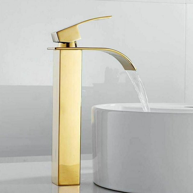 Grifo de baño con caño alto para lavabo en cascada, mezclador moderno de agua fría y caliente, cuadrado, cromado, de un solo orificio (dorado)