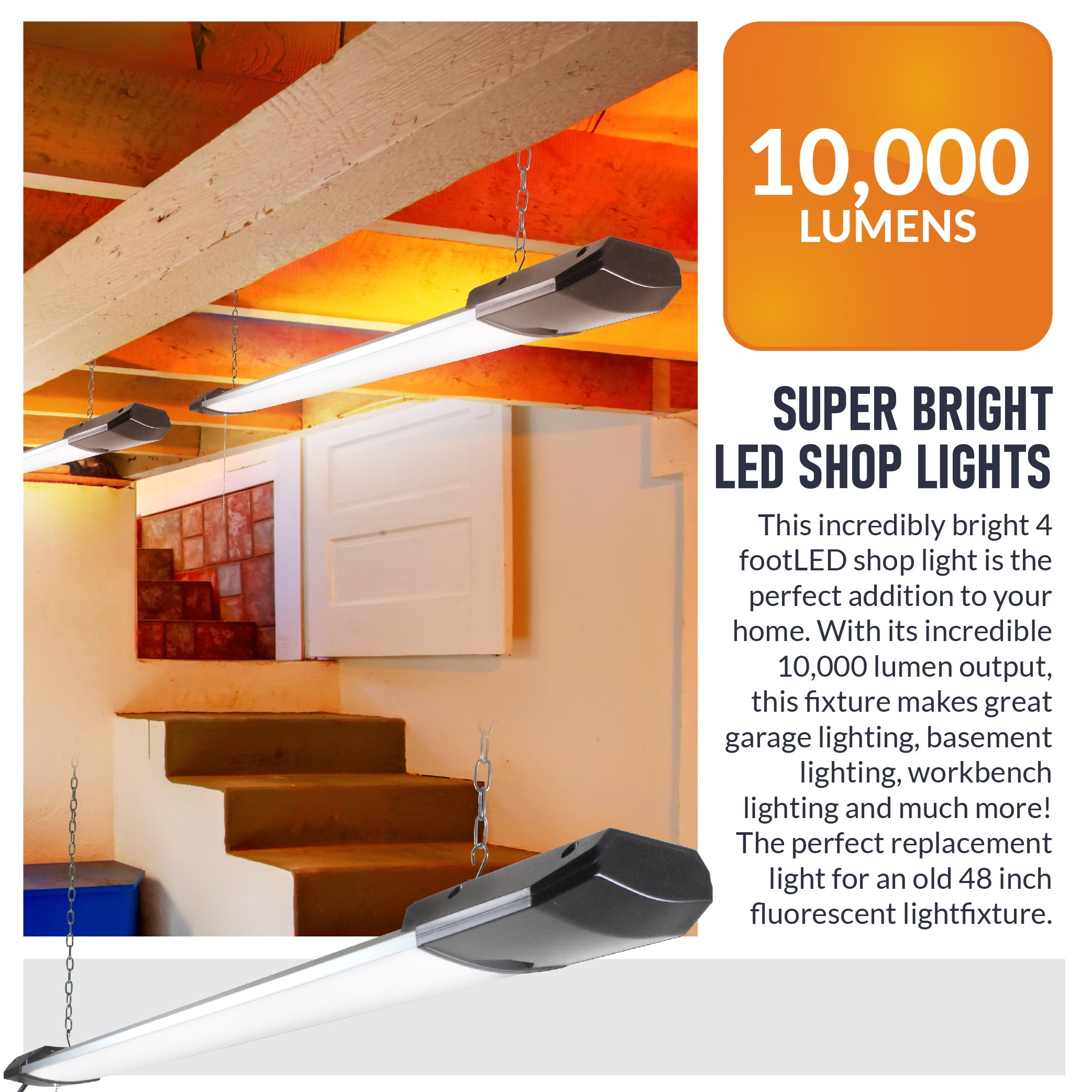 10,000 Lumen, 4 Ft. Linkable Diamond Plate LED Hanging Shop Light