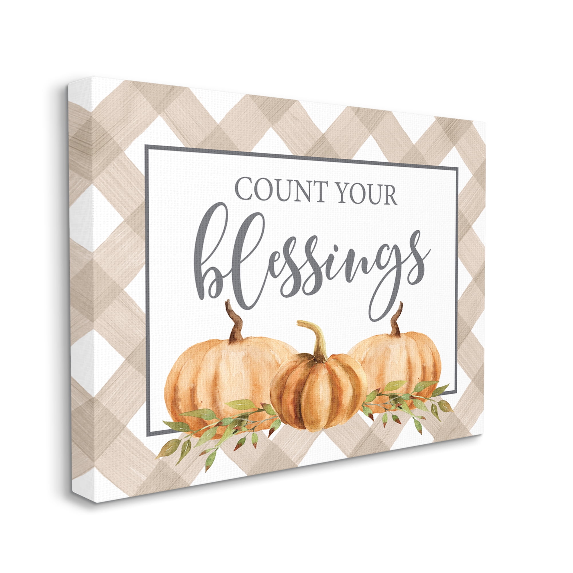 Stupell Industries Count Your Blessings Thankful Pumpkin Tartan Design Graphic Art Gallery Wrapped Canvas Print Wall Art, Design by Lettered and Lined