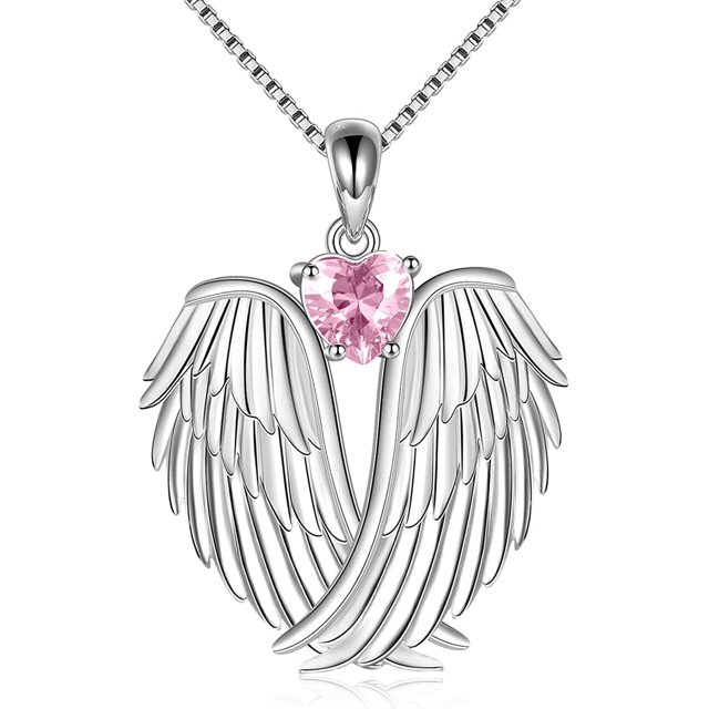 Collar de alas de ángel de plata de ley 925, colgante de alas de ángel de la guarda, collar de piedra natal para mujeres, regalos de joyería (rosa) Rojo Verde