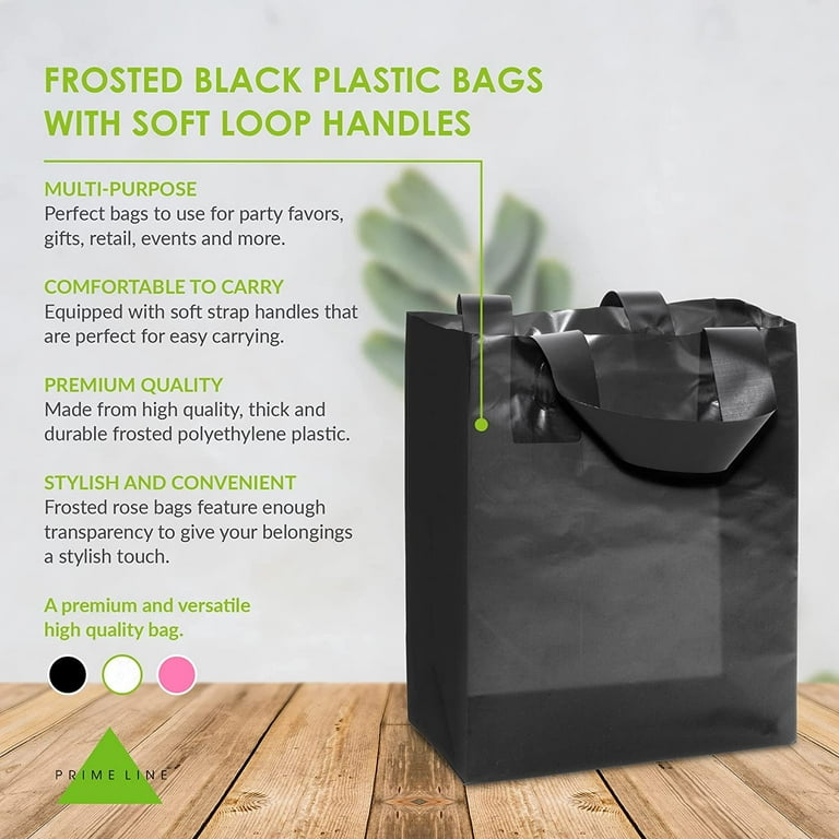 Prime Line Packaging Plastic Gift Bags, Black Gift Bags with Handles, Favor Bags 10x5x13 100 Pack