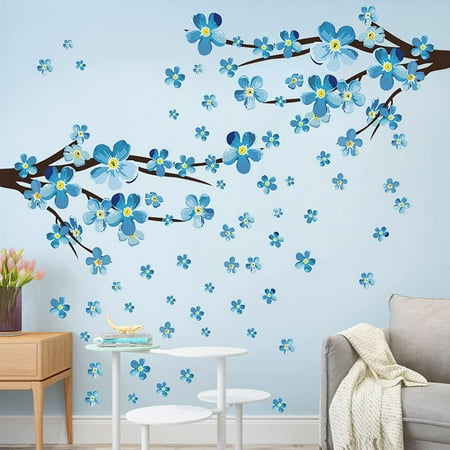 Stickers Muraux Branche de Fleur Autocollant Mural Fleurs Bleues Arbre  Oiseaux Décoration Murale Enfants Chambre Salon 