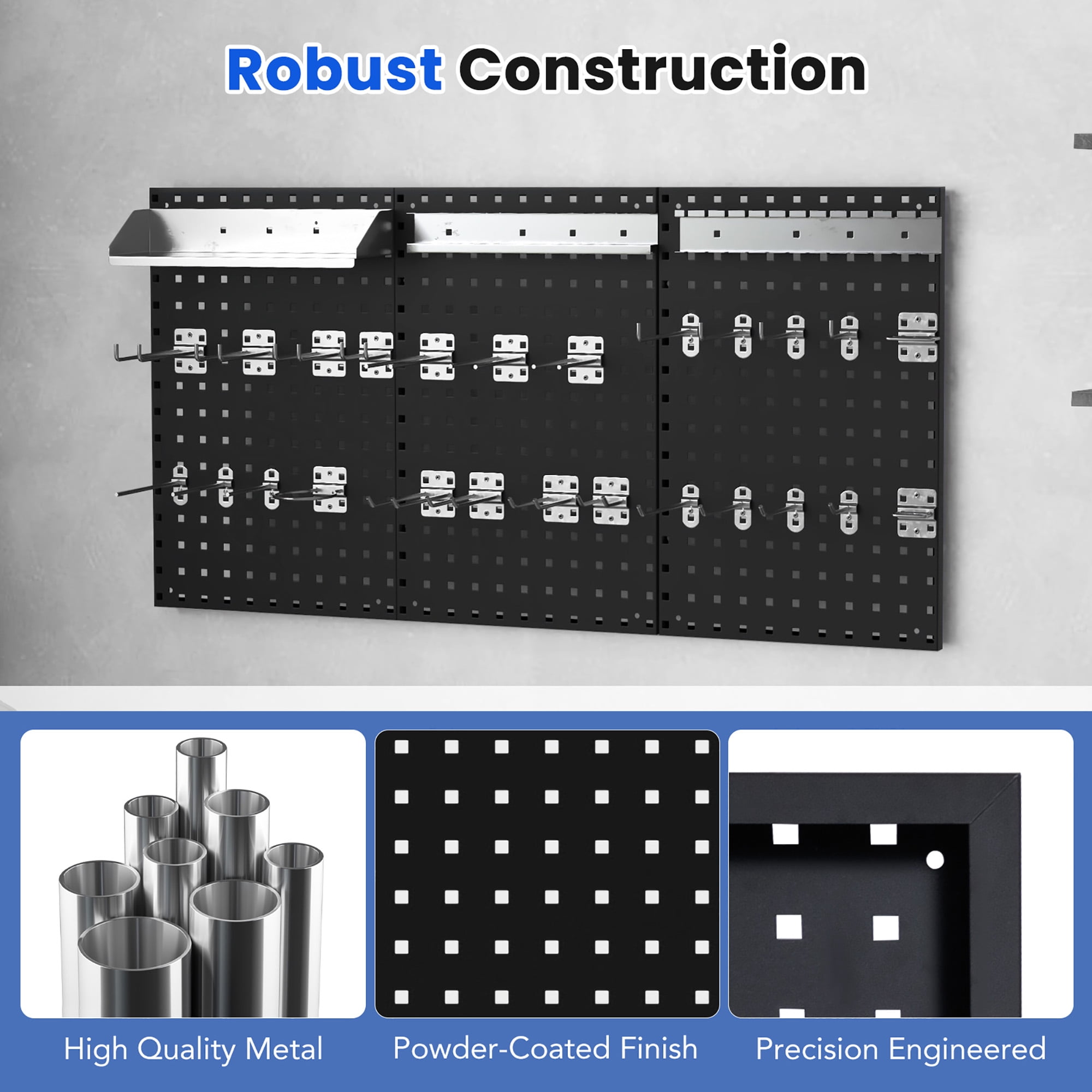 Gymax 3 Pcs Pegboard Wall Organizer w/ 25 Hooks Drill Bit Holder Screwdriver Holder Black