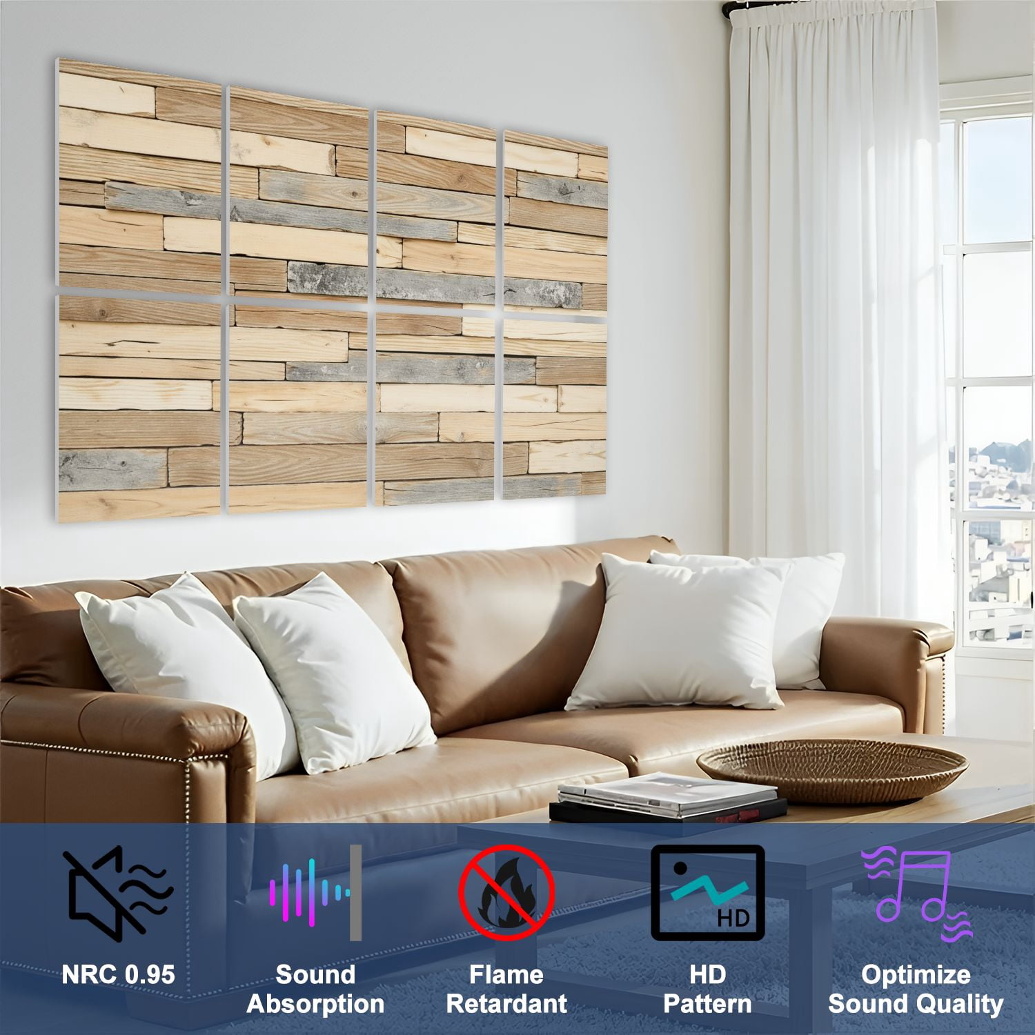 8 Pack Art Acoustic Panels Sound Absorbing Rustic Stacked Wooden Planks Natural Beige Grey Tones Decorative Soundproof Wall Panels Self Adhesive for Nursery Game Room Bedroom 48"x32"