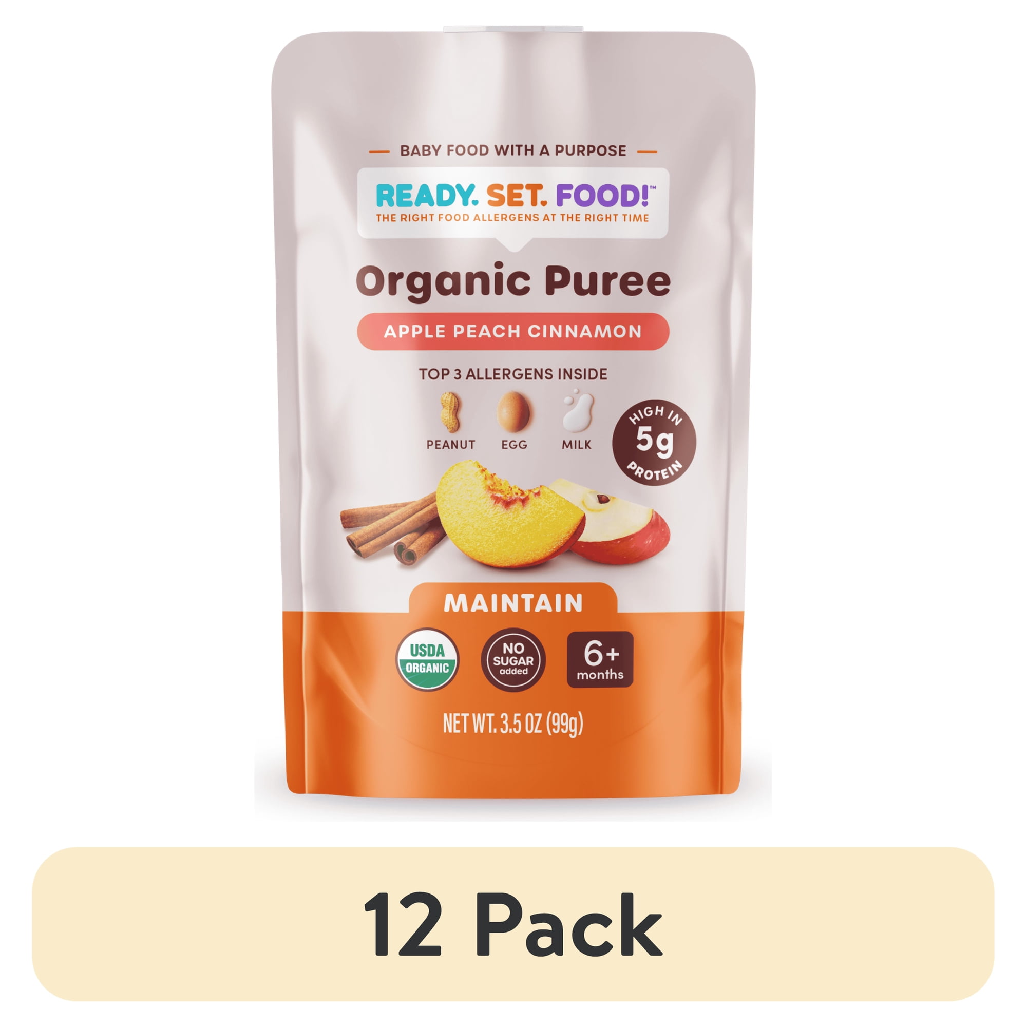 (12 pack) Ready, Set, Food! Apple Peach Cinnamon Organic Baby Food, 3 Top Allergens, Stage 2, 3.5 oz Pouch
