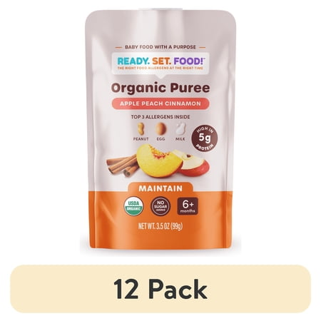 (12 pack) Ready, Set, Food! Apple Peach Cinnamon Organic Baby Food, 3 Top Allergens, Stage 2, 3.5 oz Pouch