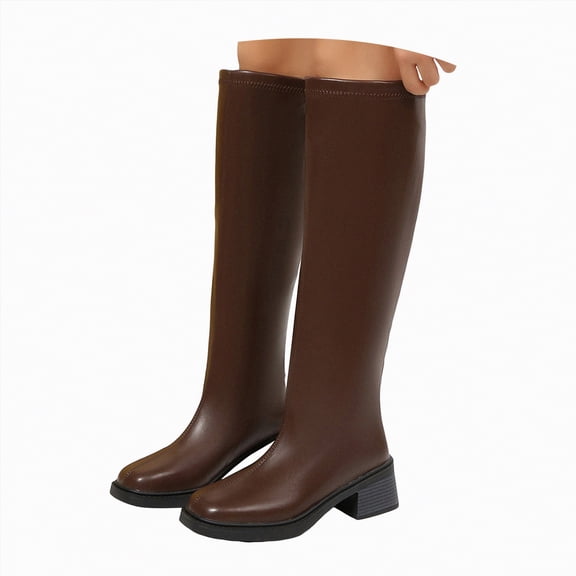 UngA Women Boots Fold Over Slouchy Boots Chunky Heels Square Toe Pull On Booties Stacked Pleated Boots for Women Mid Calf Brown,Size 8.5