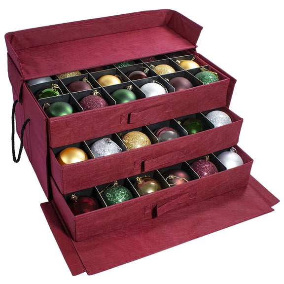 612 Vermont Christmas Ornament Storage Box with Pull-Out Drawers, Holds up to 72 - 3" Ornaments, Acid-Free Dividers 20" x 14" x 10"