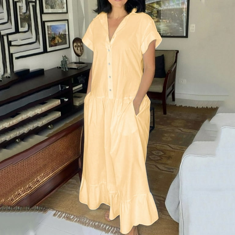 Dazajoo Fashion Button Cotton Linen Dress for Women Solid Color Casual  Swing A-Line Home Dress Formal Party Dresses,Yellow,XXL - Walmart.com