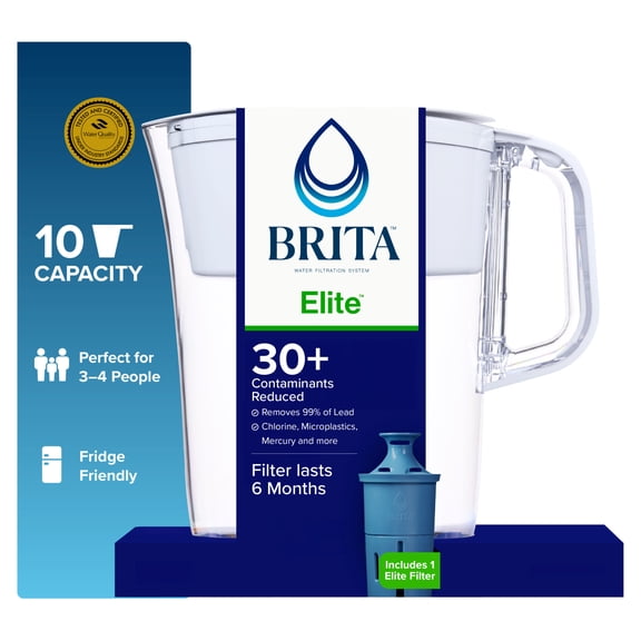 Brita 10 Cup Large Plastic Water Filter Pitcher, White, BPA Free with 1 Elite Brita Filter