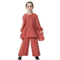 thumbnail image 3 of FAOWME Kids Girls Set Long Sleeve Round Neck Solid Color Lace Up Top And Wide Leg Pants Comfortable Loose Outfit For Everyday Wear,Red,14-15 Years, 3 of 8