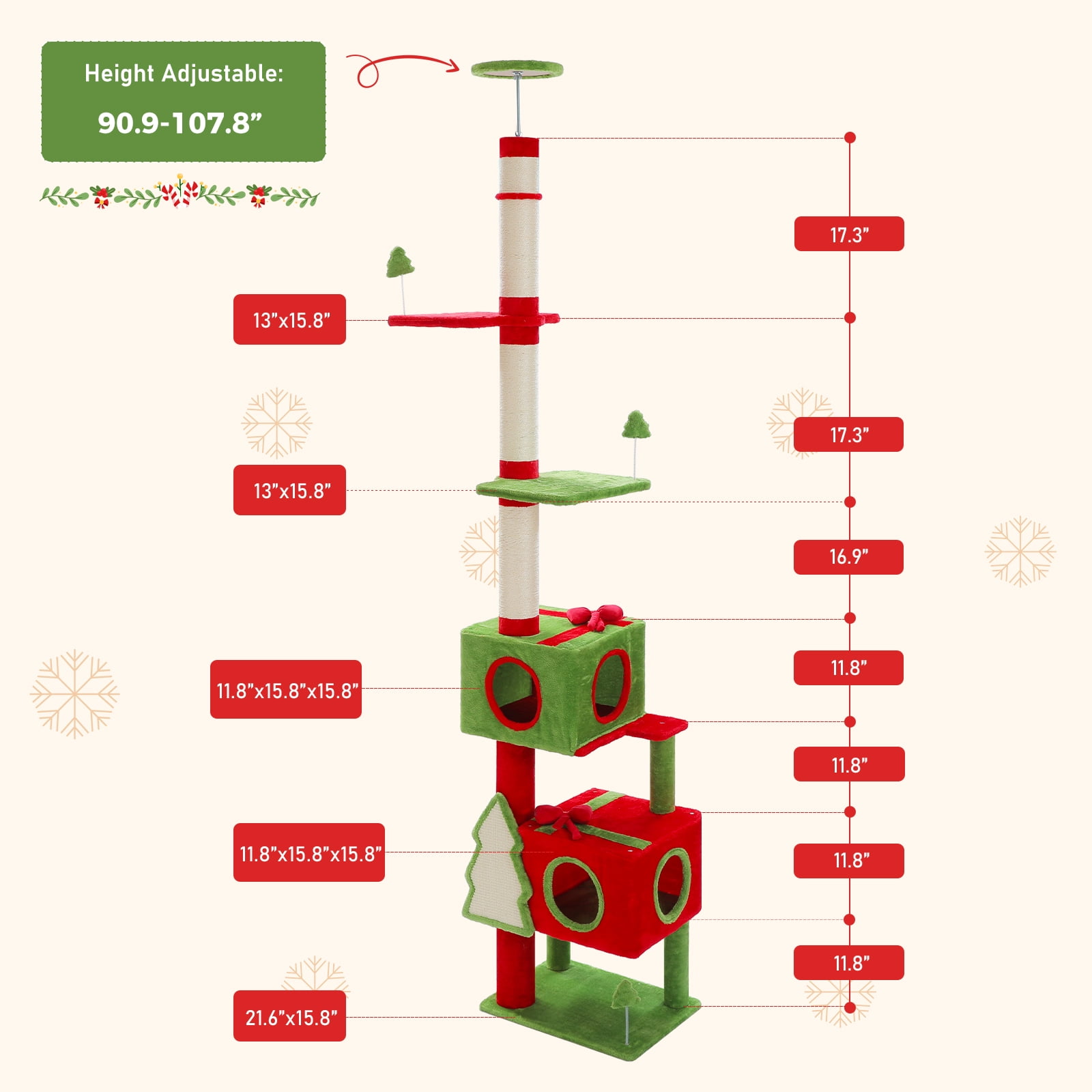 Pefilos Christmas Tall Cat Tree for Large Indoor Cats, 90''-107'' Floor to Ceiling Cat Tower with 2 Condos, Sisal-Covered Scratching Post & Pad and Bow Toy, Red