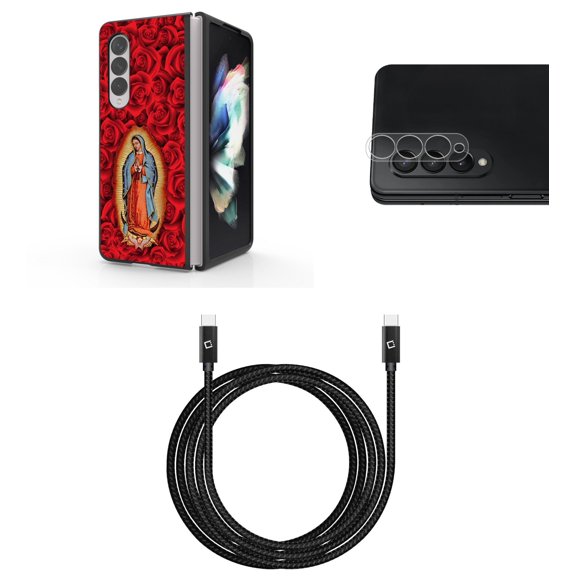 Accessory Bundle for Galaxy Z Fold 4: Slim Snap-On Case (Virgin Mary), Rear Camera Glass Protector, Nylon Braided USB-C to USB-C Cable (4 Feet)