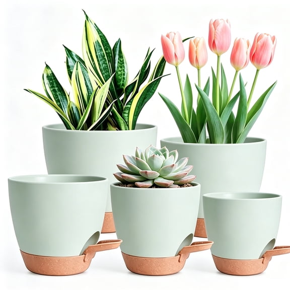Plant Pots Indoor 7, 6.5, 6, 5.5, 5 Inches, Green,5 Pots Self Watering Planters for Indoor Plants with Drainage Hole, Plastic Flower Pots for Succulents