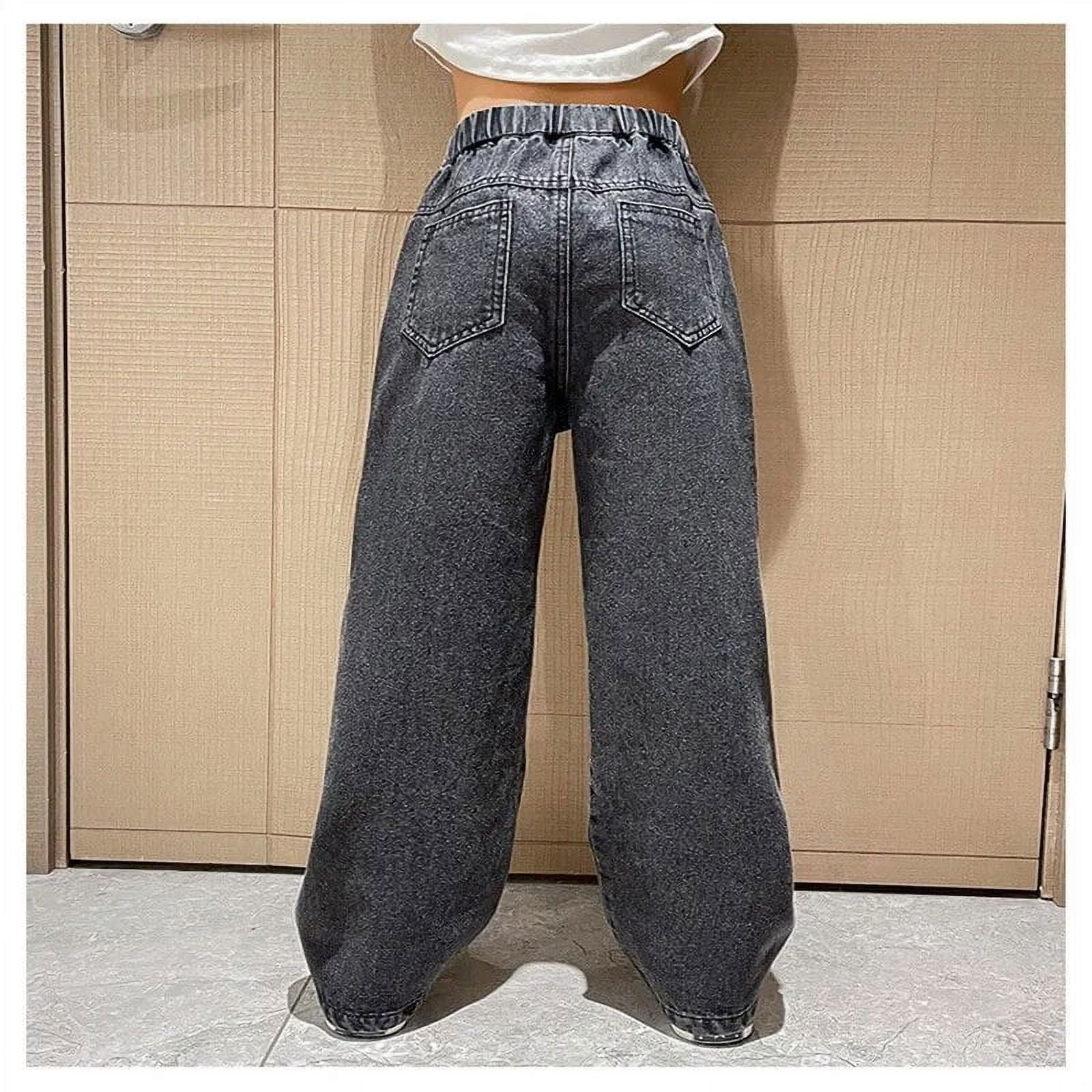 【Anyone more】Kid Washing Long Wide Autumn Denim Pants Girls Jeans Autumn Casual Loose Side Gradient Color Young