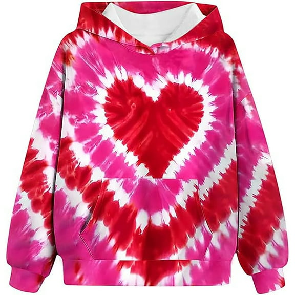 Goindgs Hoodie Sweatshirts for Kids Boy Girl Tie Dye Heart Printed Cute Valentines Days Crew Neck Drop Shoulder Loose Holiday Tops Hooded Sweatshirts Child Tops Pink-2-3 T