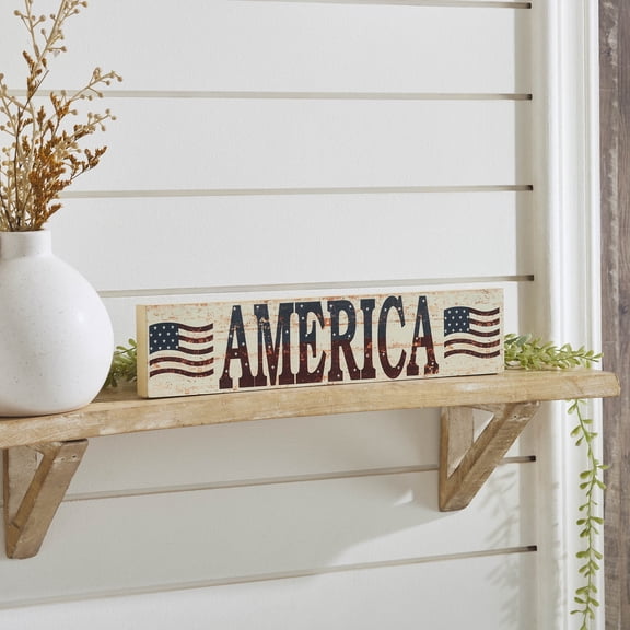 VHC Brands Patriotic My Country AMERICA Two Flags MDF Wall Hanging 3x14x0.75, Independence Day Decor, Decorative Sign, Rustic Farmhouse Fourth of July Decorations, Light Tan, Patriot Blue, Deep Red