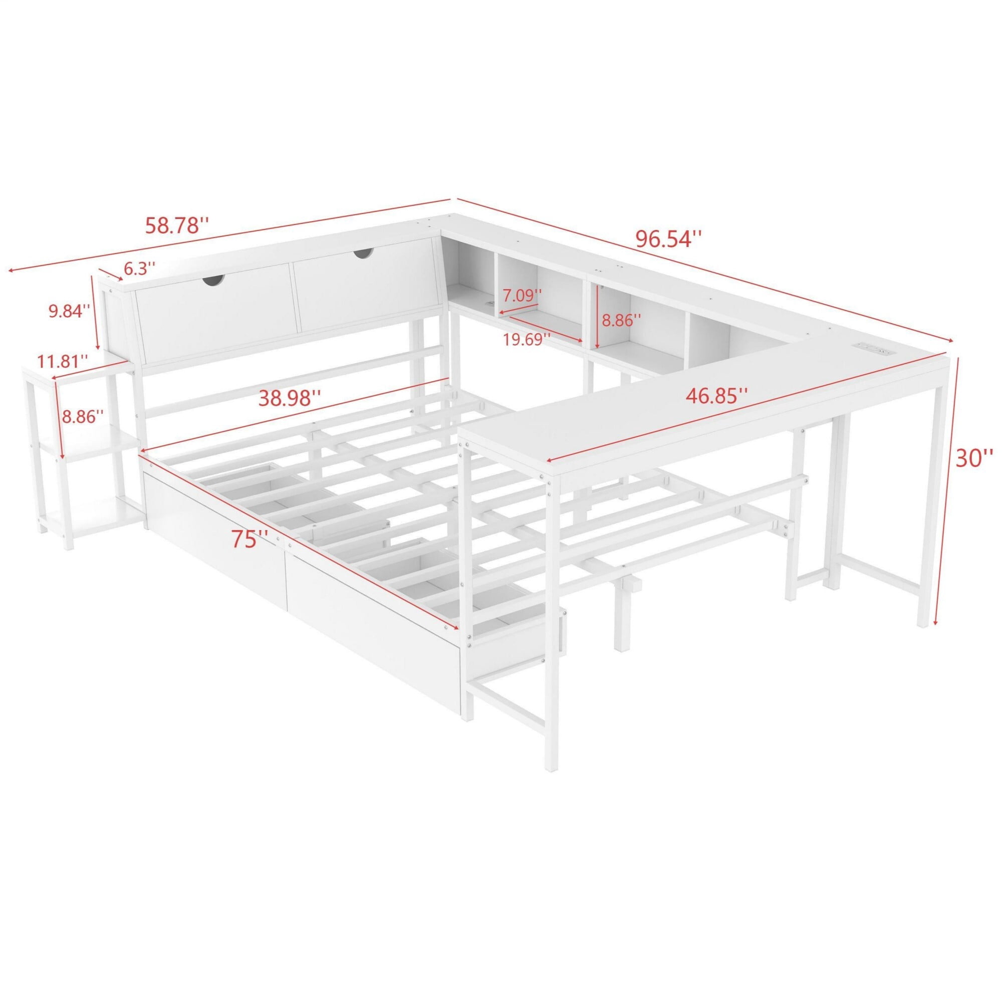 AENKYO Twin Size Corner Daybed with Desk & Storage, Reversible LED Bed Frame with Charging Station & Drawers, White