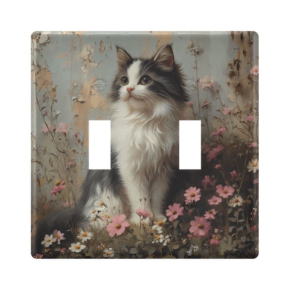 Dailycode Light Switch Plate Covers 2 Gang Wall Plate Plastics Outlet Covers for Kitchen Home Office Decor Fluffy Cat Sitting in Wildflowers
