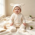 thumbnail image 2 of JIAYUE Baby Waffle Ribbed Jumpsuit Long Sleeve Hooded Bunny Ear Dots Print Full Snap Romper for Casual Party, 2 of 4