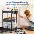 thumbnail image 2 of 3 Tier Rolling Cart – Metal Utility Storage Cart with Wheels, Hanging Cups, Hooks, Mesh Basket for Bedside Kitchen Office Art, Black, 2 of 7