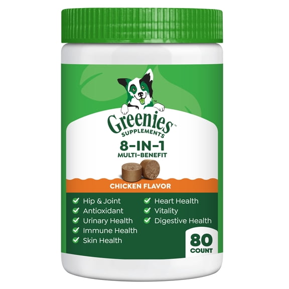 Greenies Supplements Chicken Flavor 8-in-1 Multi-Benefit Soft Dog Chews, 15.5 oz Tub, 80 Count