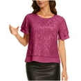 thumbnail image 2 of Sparkly Sequin Tops Womens Ruffled Short Sleeve Glitter Blouses Evening Party Dressy Casual Outfits for Women (XL, Hot Pink), 2 of 7