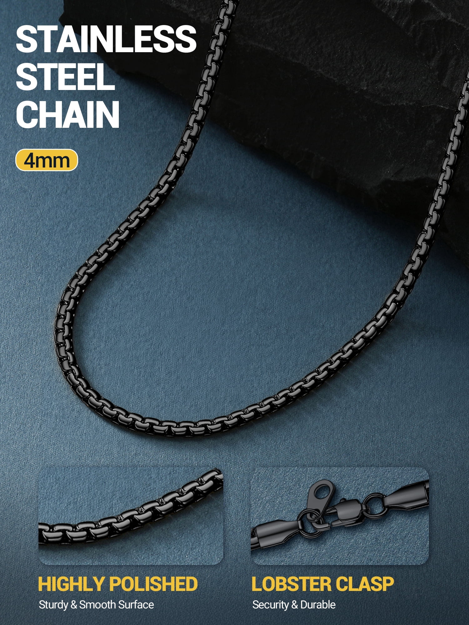 PROSTEEL Mens Chain Stainless Steel Round Link Chain Black Necklaces 4mm Non-tarnish Hypoallergenic Birthday Valentines Father Day Jewelry Gift for Dad Husband 14 Inch
