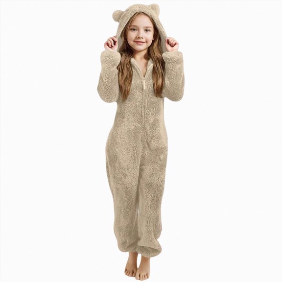 YDFCWXW Girls Fleece Zip Up Jumpsuits Kids Hooded Rompers Fuzzy, Animal Onesie Winter Warm Zipper Playsuit Jumper (Khaki, 10-11 Years)