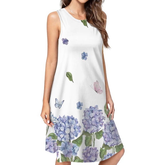 Hydrangea Purple Floral Spring Summer Dresses For Women Fashion Dress Casual Sleeveless Loose Sundress With Pockets