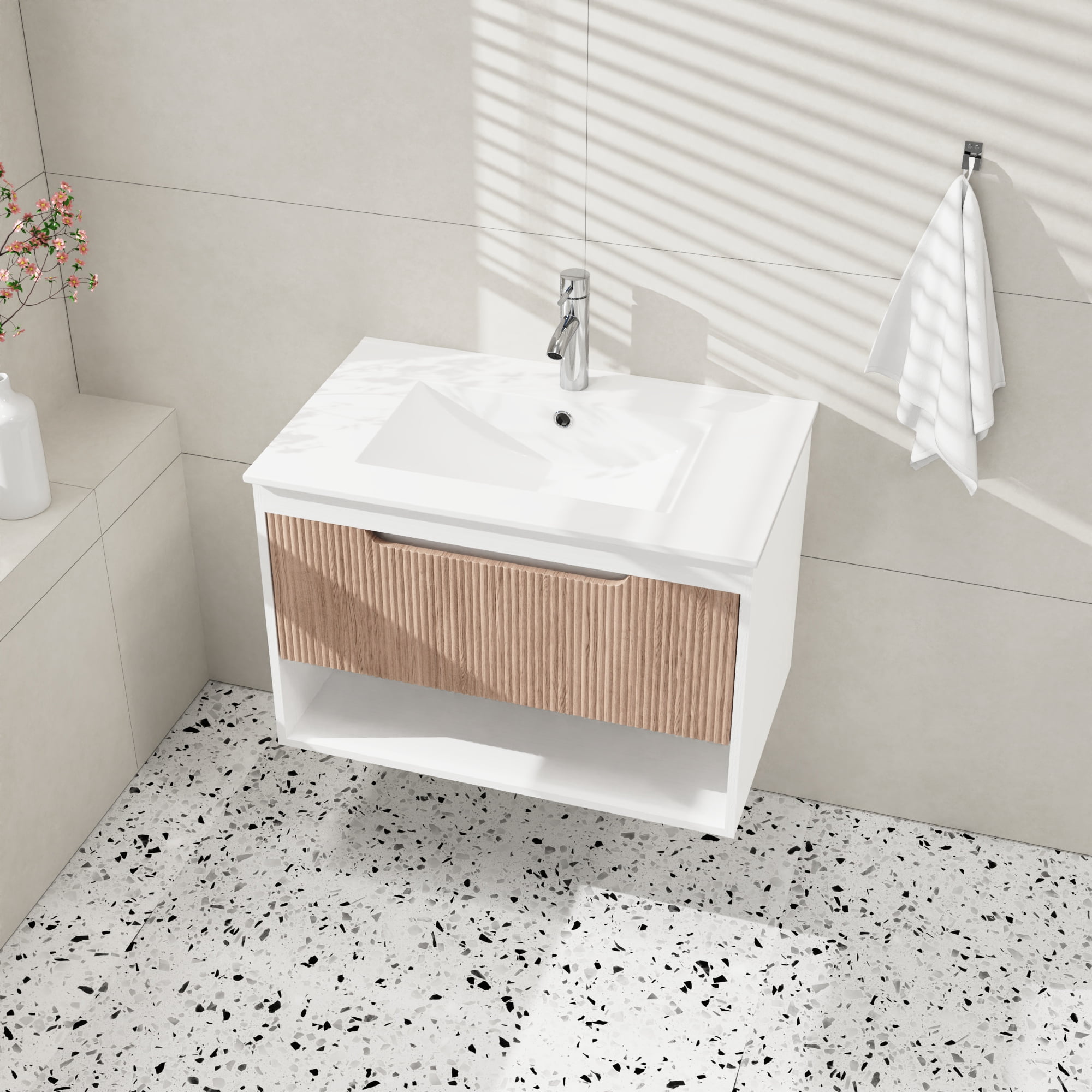 30" Floating Bathroom Vanity Base Cabinet Only, Modern Wall-Mounted MDF Bath Vanity with Fluted Wood Grain Drawer, Soft-Close Rails & Open Shelf, White/Oak (Sink Not Included)