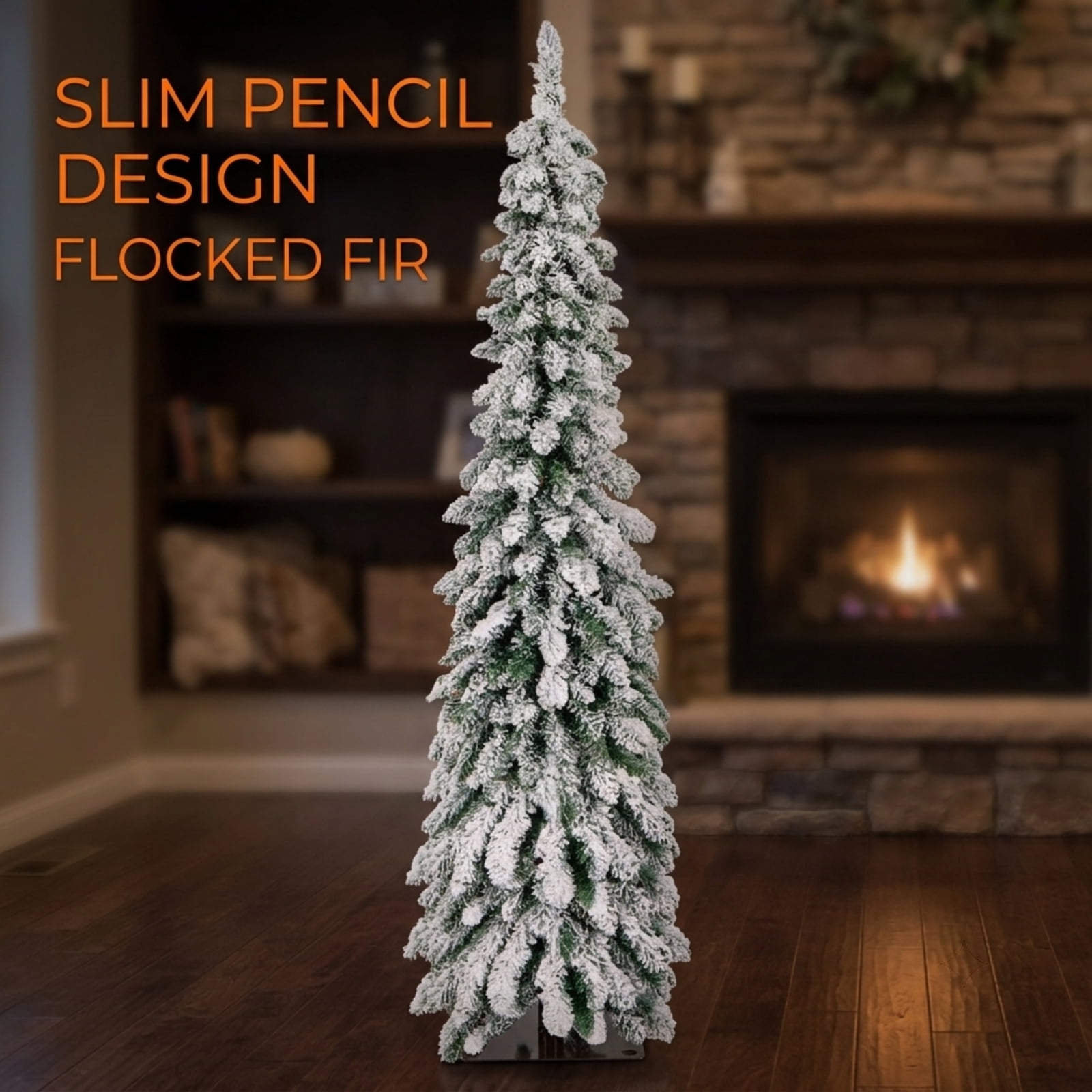 RUIE 5 ft Snow-Flocked Pencil Christmas Tree, Slim Pre-Lit Green White Xmas Tree with 150 LED Lights, 11 Modes and Timer