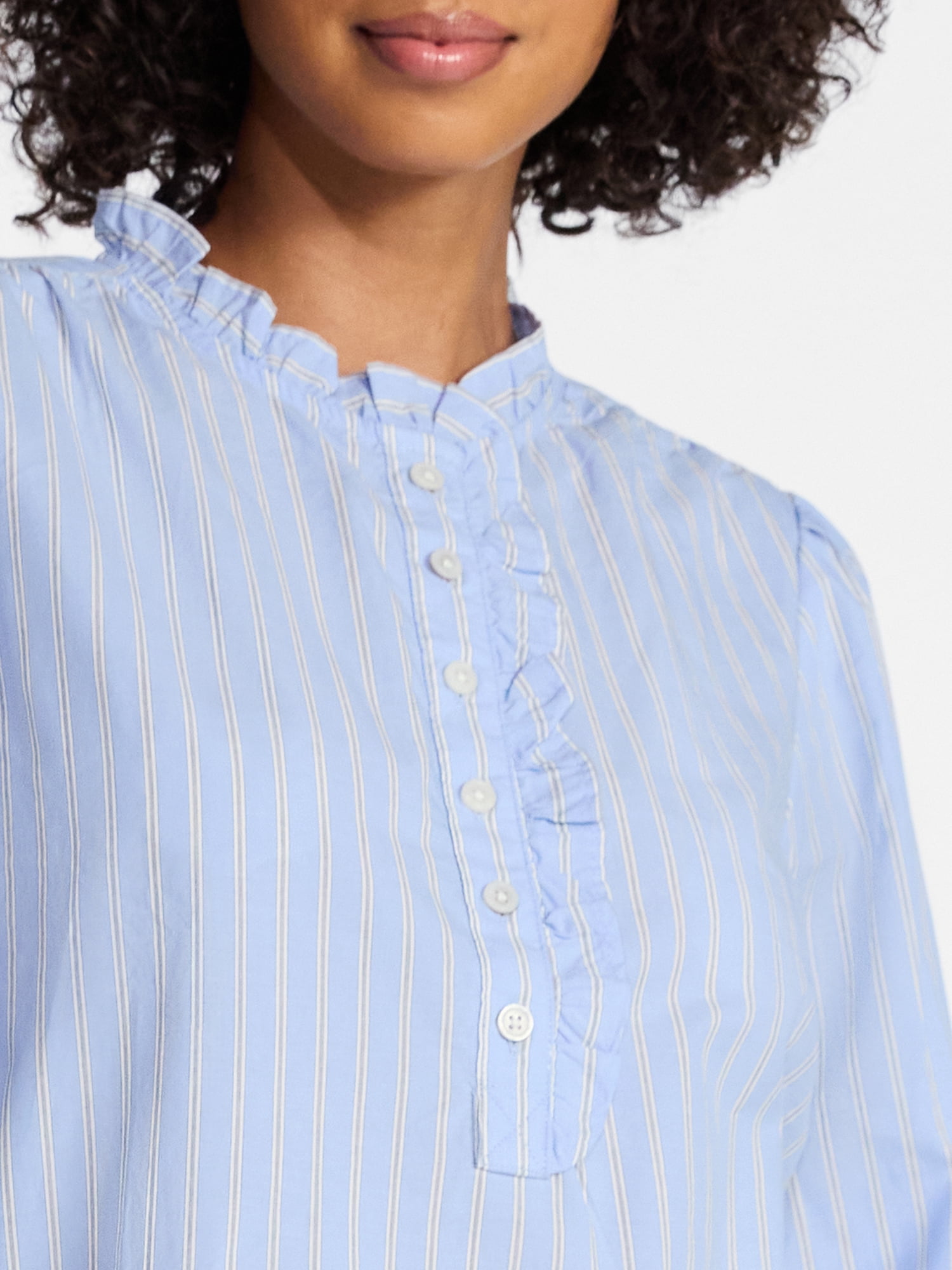 Time and Tru Women's Long Sleeve Ruffle Neck Button Down Top, Sizes XS-XXXL