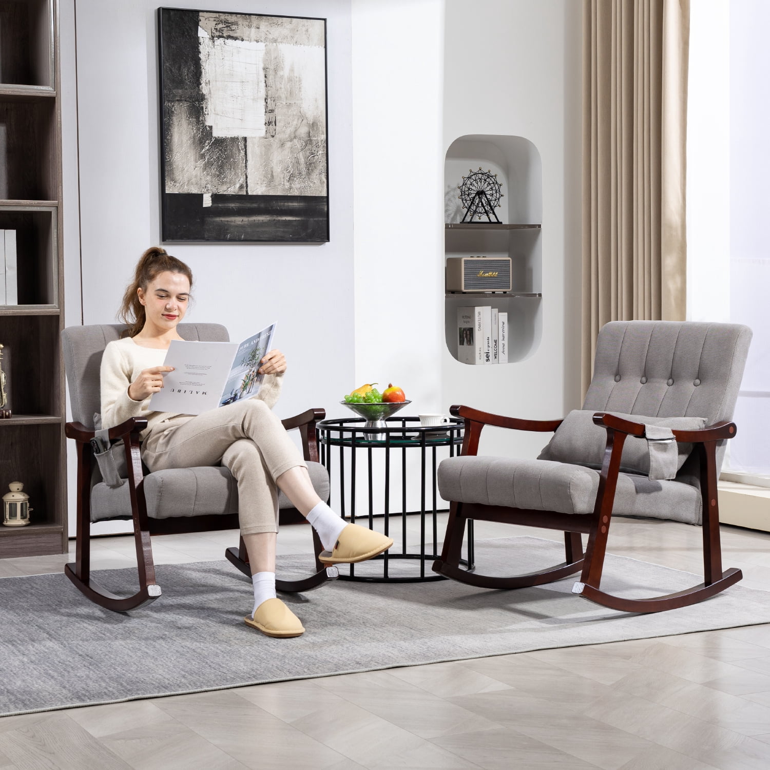 Upholstered Rocking Chair with Massage Lumbar Support,Page 2 Glider Chair with Side Pocket, Nursery Rocker with High Backrest,Rubber Wood Legs, Rocking Accent Armchair for Living Room Bedroom Nursery