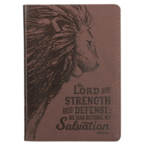 Christian Art Gifts Classic Journal My Strength My Defense Lion Exodus 15:2 Inspirational Scripture Notebook, Ribbon Marker, Brown Faux Leather Flexcover, 336 Ruled Pages