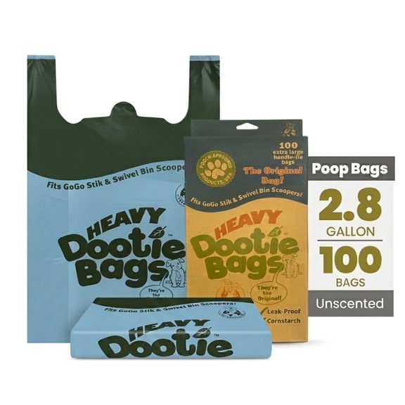 Heavy Dootie Bags® Very Large Dog and Cat Waste Bags, 100 Count Leakproof Multi-Use Poop Bags with E-Z Tie Handles and Gussets, Unscented, Fits GoGo Stik Scoopers