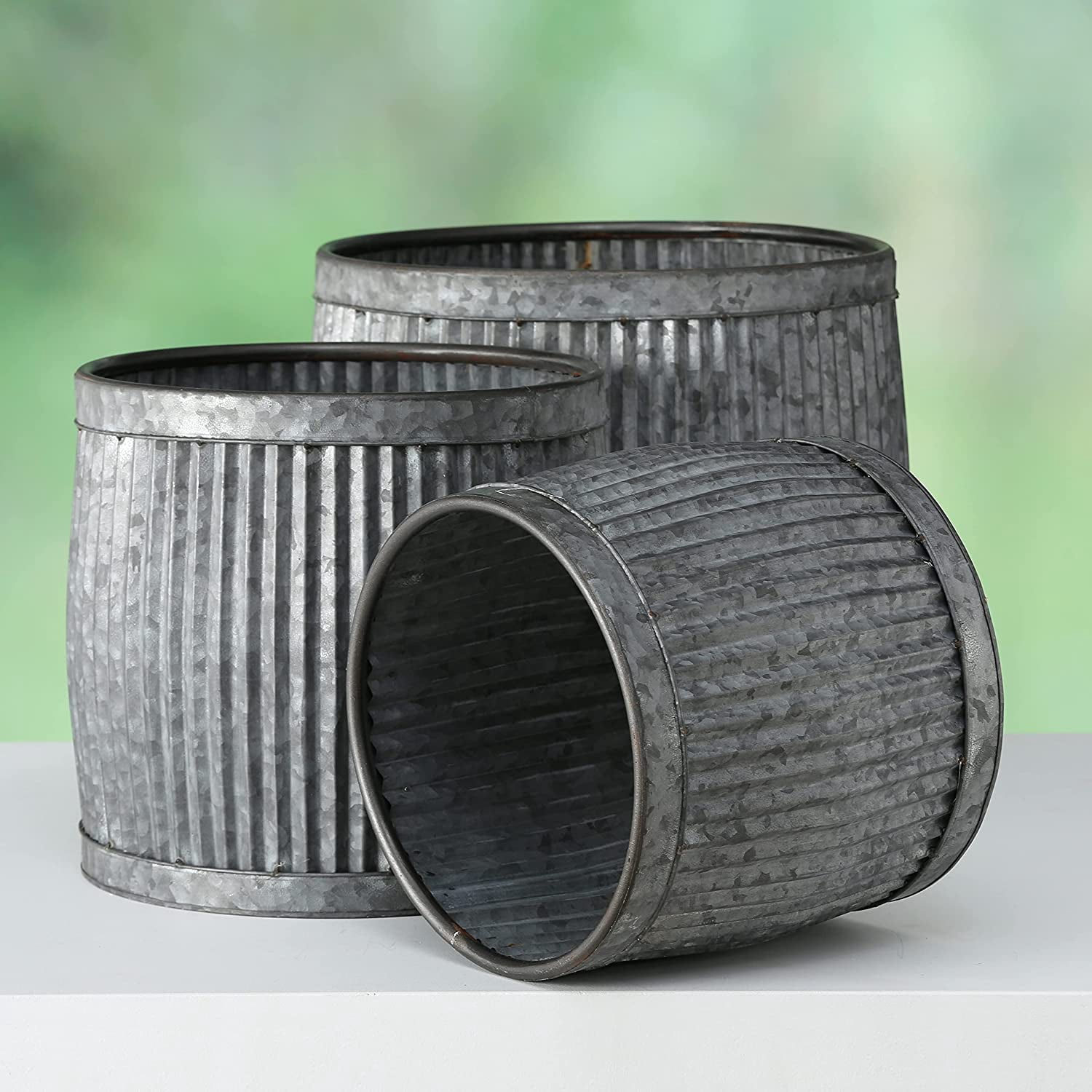 French Country Style Belly Bucket Planters, Set of 3, Galvanized Metal , Corrugated Cache Pots, Rustic Wash Basin, From Over 1 Ft Diameter (17 - 12 Inches)