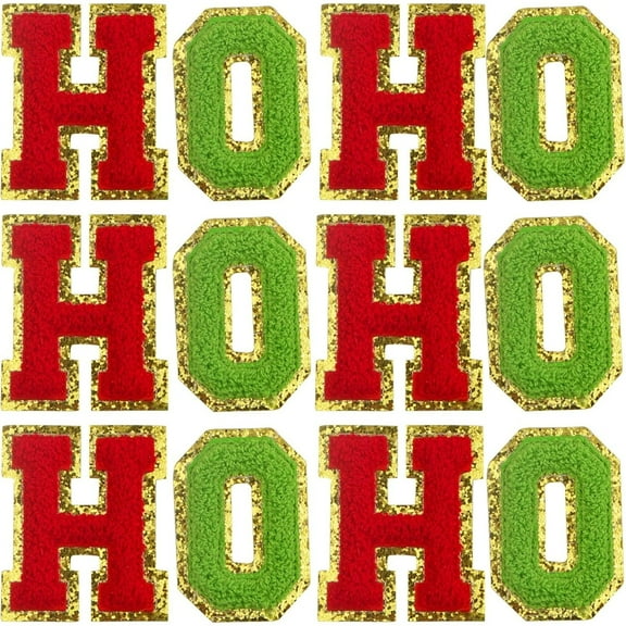 12pcs Red Green Chenille Letters Patches English Alphabet HO Iron on Patch Glitter Personalized Embroidery Sewing Appliques for DIY Clothing Jacket Hat Jeans Repair Decor