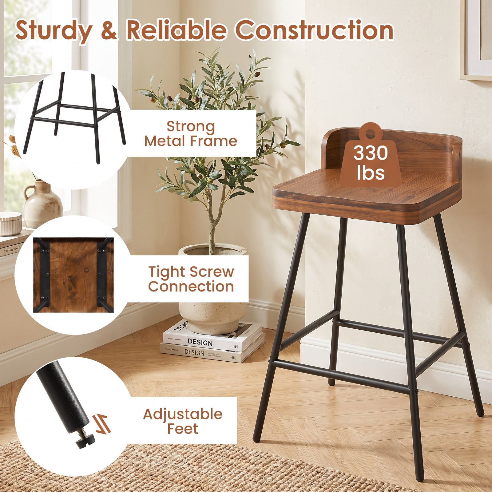 Furnibear Set of 2 Counter Height Bar Stool with Low Back Metal Legs and Footrest for Kitchen Island for Kitchen Island Counter Bar Pub Dining, Brown