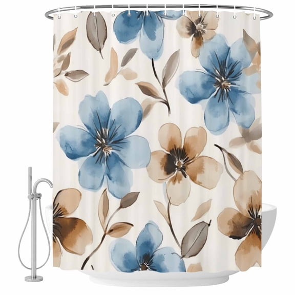 Watercolor Flower Fabric Shower Curtain Blue Brown Washable Shower Curtains for Bathroom, Waterproof Bath Curtain with Hooks Home Decor 72x84in