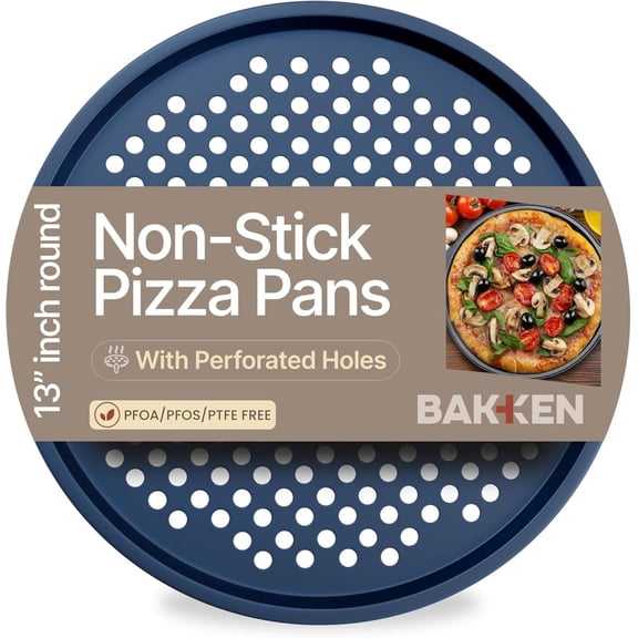 Bakken Pizza Baking Pan - Round Perforated Carbon Steel Pan with Non-Stick Marble Coating, Oversized Silicone Handle, Dishwasher Safe, High-Temperature Resistant, Durable & Easy Cleanup Blue, 1 Pack