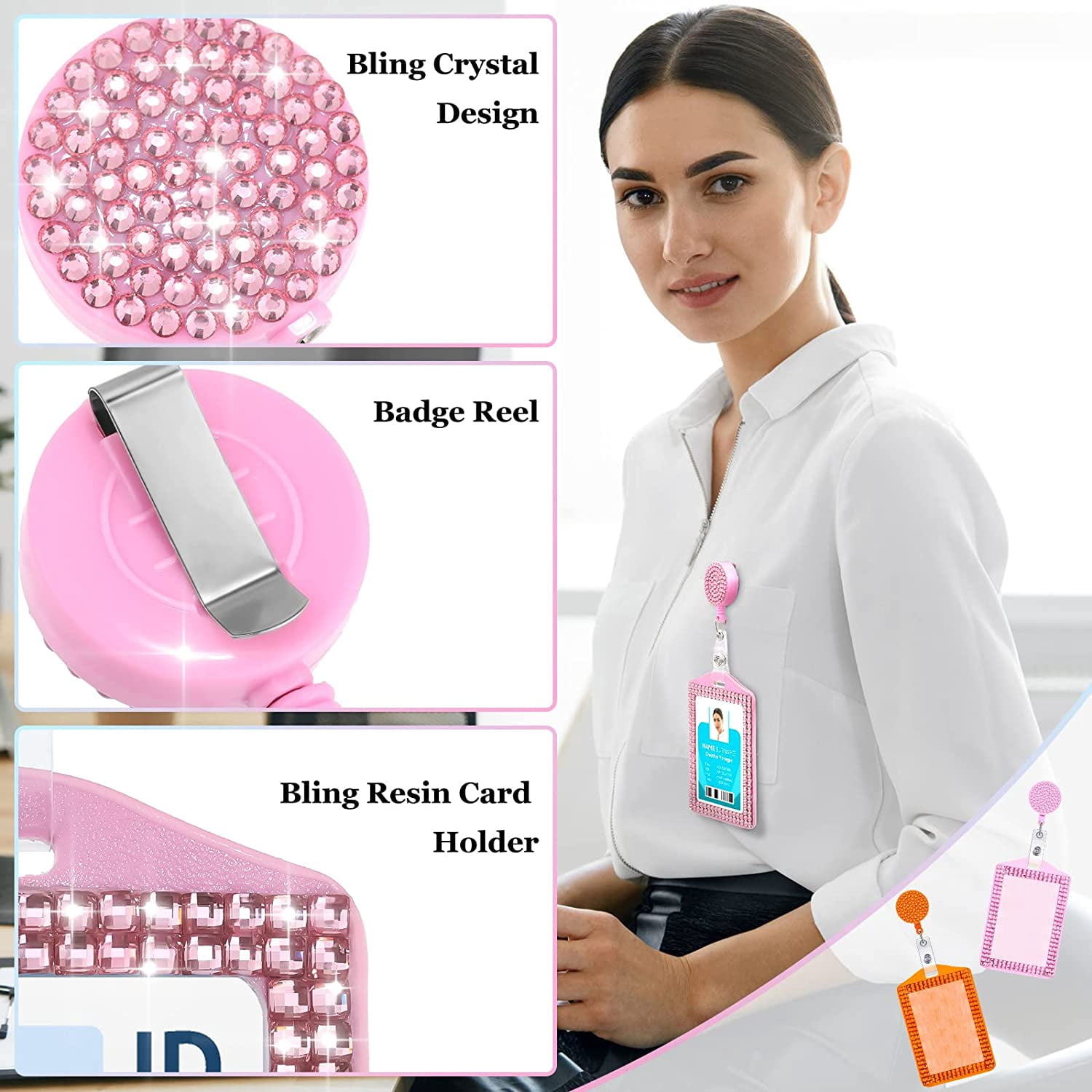 8 Pieces Rhinestone Badge Holder Bling ID Card Holder Crystal Cute Badge Holder Retractable Reel Clip Vertical ID Holder for Office Business Home Nurses, 8 Colors(Vertical)